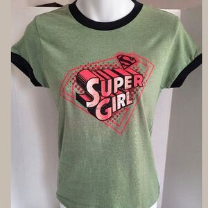 Super Girl Distressed Graphic Ringer Tee Juniors/Women's M - Olive Green New